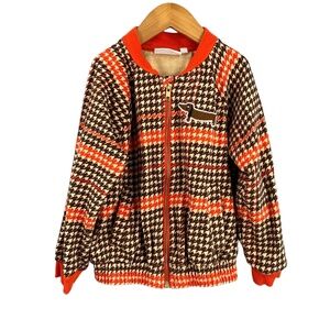 Mini Rodini Kids Jacket Orange Brown Houndstooth Dachshund Organic Size 6-7